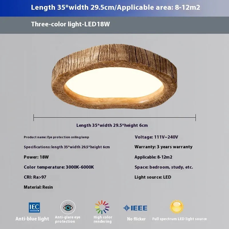 Round wood grain finish ceiling lamp in New Chinese style hanging from a ceiling.
