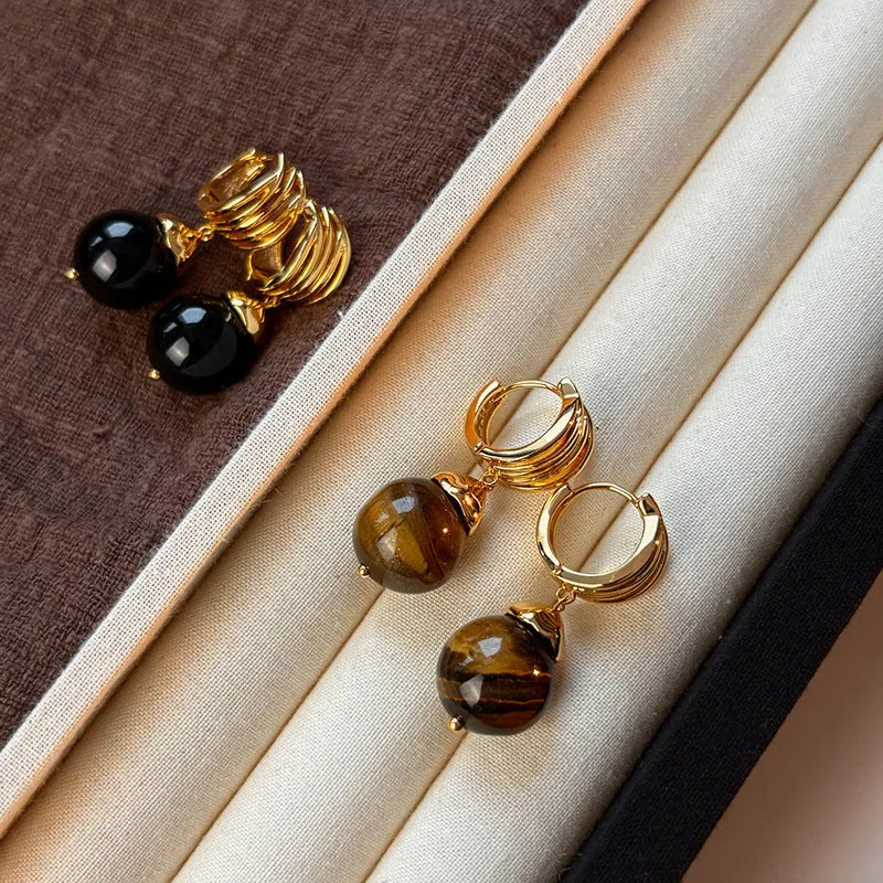Women's geometric tigereye earrings with gold plating in brown and black colour options