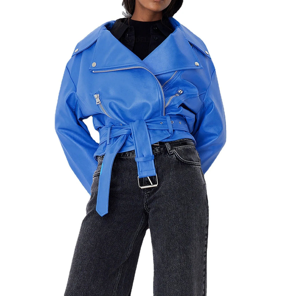 Women's punk short belt lapel jacket in polyester leather with drawstring waist and Peter Pan collar