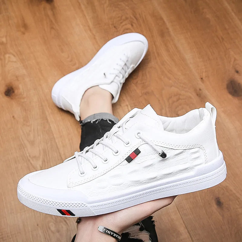 White men's lace-up casual sneakers with round toe and flat rubber sole