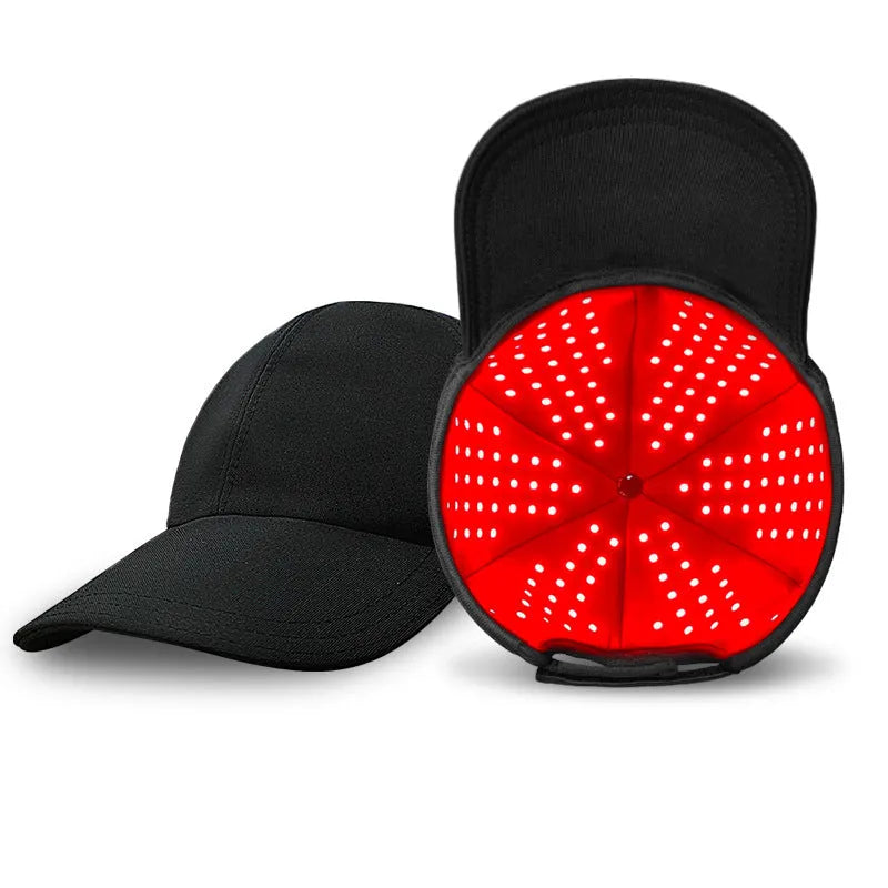 Black duckbill-style infrared hair growth cap with 180 red LEDs and a separate controller.