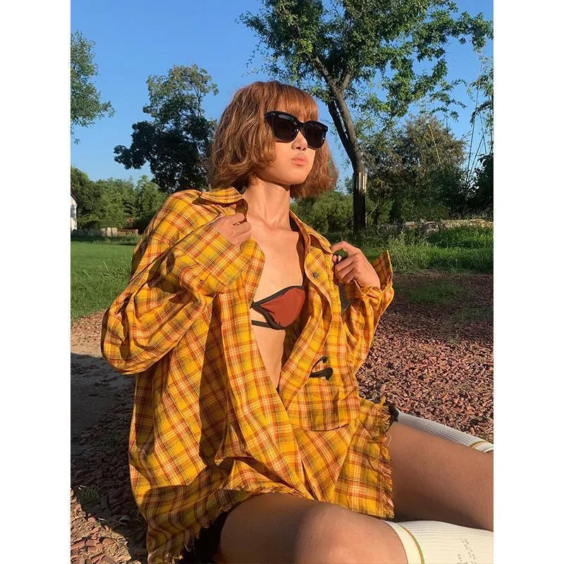 Dopamine yellow loose-fit plaid cardigan shirt for men and women.