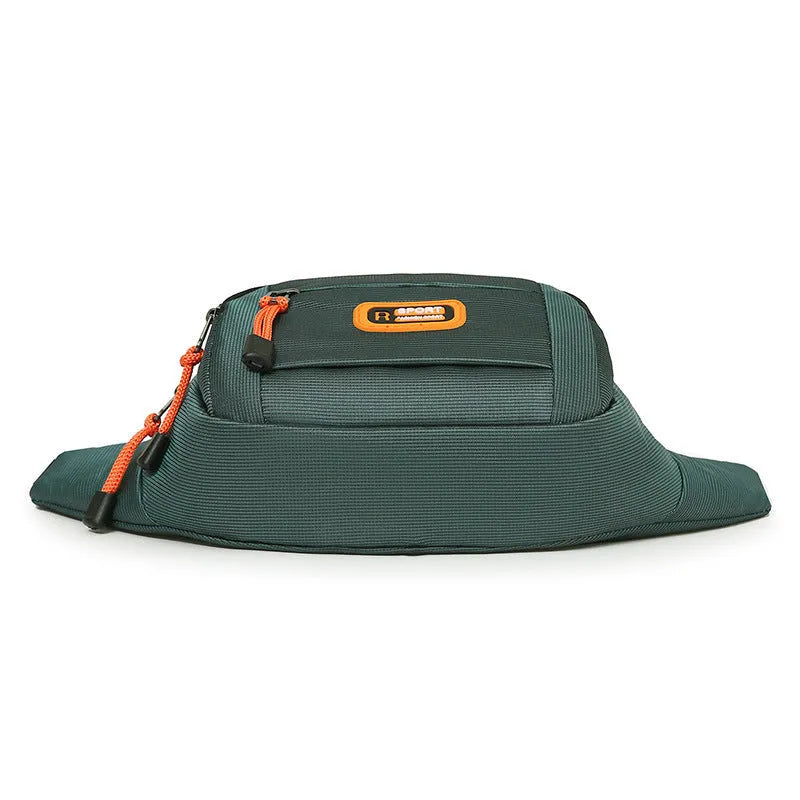 Large waterproof nylon slanted chest bag shown in available colours: black, grey, blue, green.