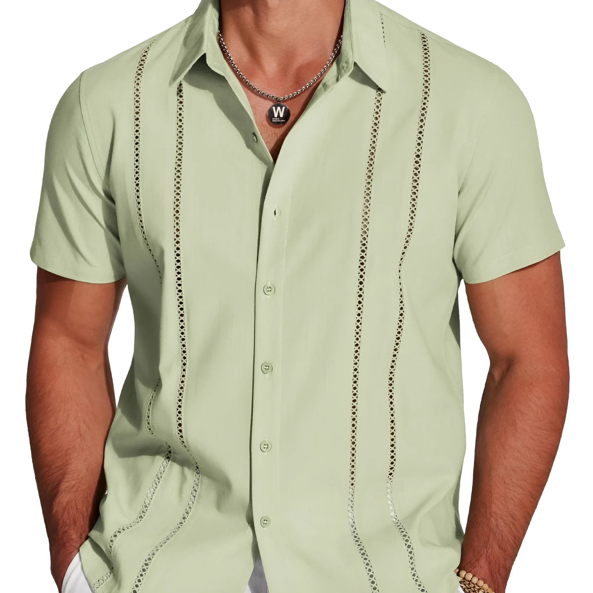 Man wearing a slim fit, short sleeve Hawaiian shirt with a colourful digital print pattern.