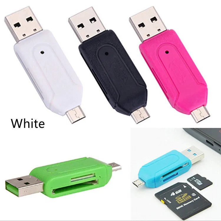 White OTG card reader with micro USB connector for SD and TF memory cards on Windows 7 and Android devices