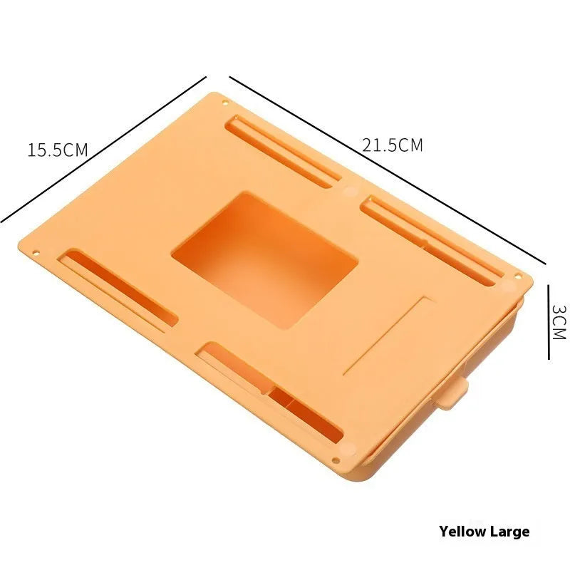 White plastic adhesive storage drawer with a covered grid design, shown mounted under a wooden desk.