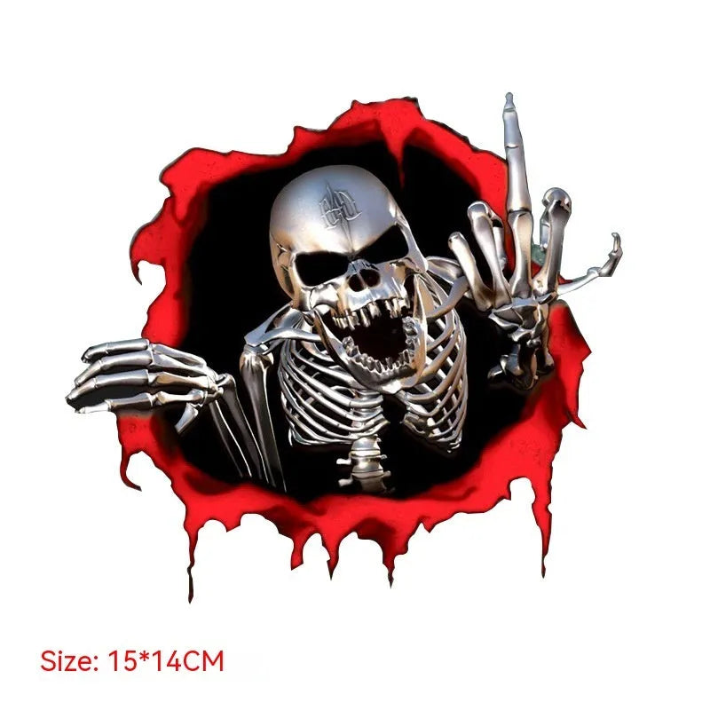 Colourful reflective metal skull car bumper sticker with broken shell pattern