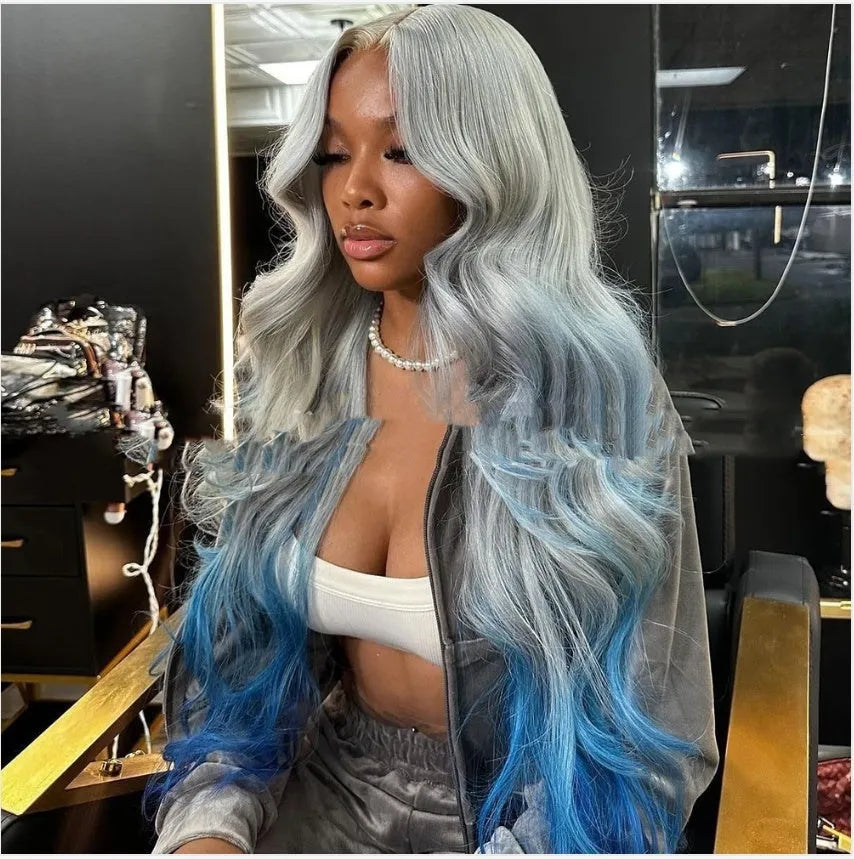 Gradient grey-blue human hair wig with natural lace front shown at multiple length options