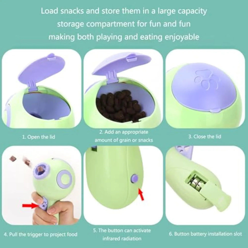 Dog treat launcher toy in green, orange, or pink colours measuring 15.5 x 9 x 8.5 cm