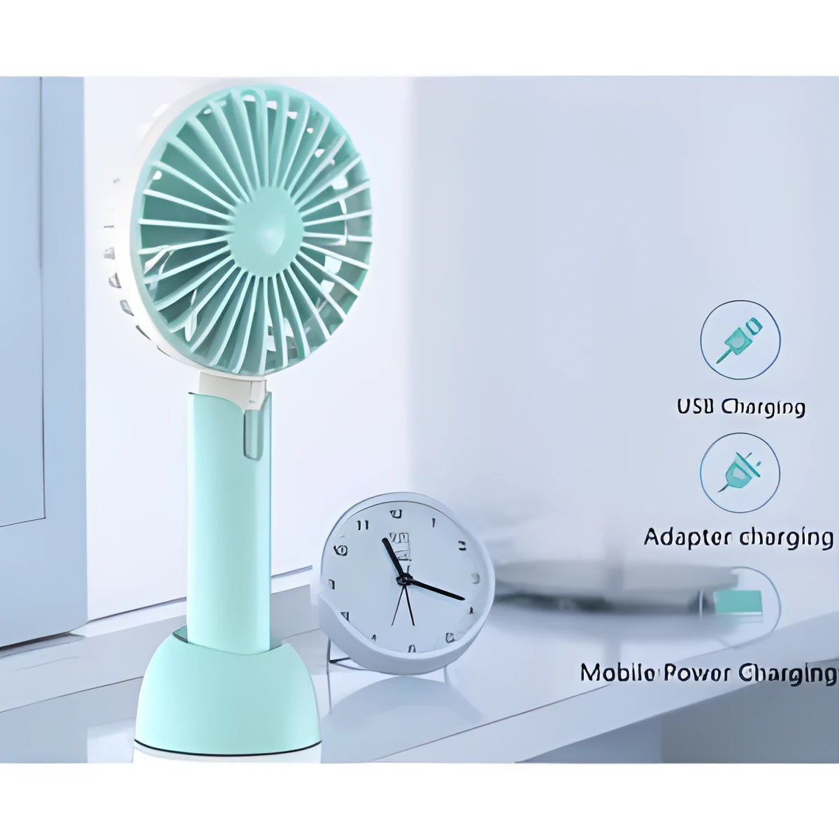 Blue mini USB electric fan with oscillation head and 3 speed controls on desk