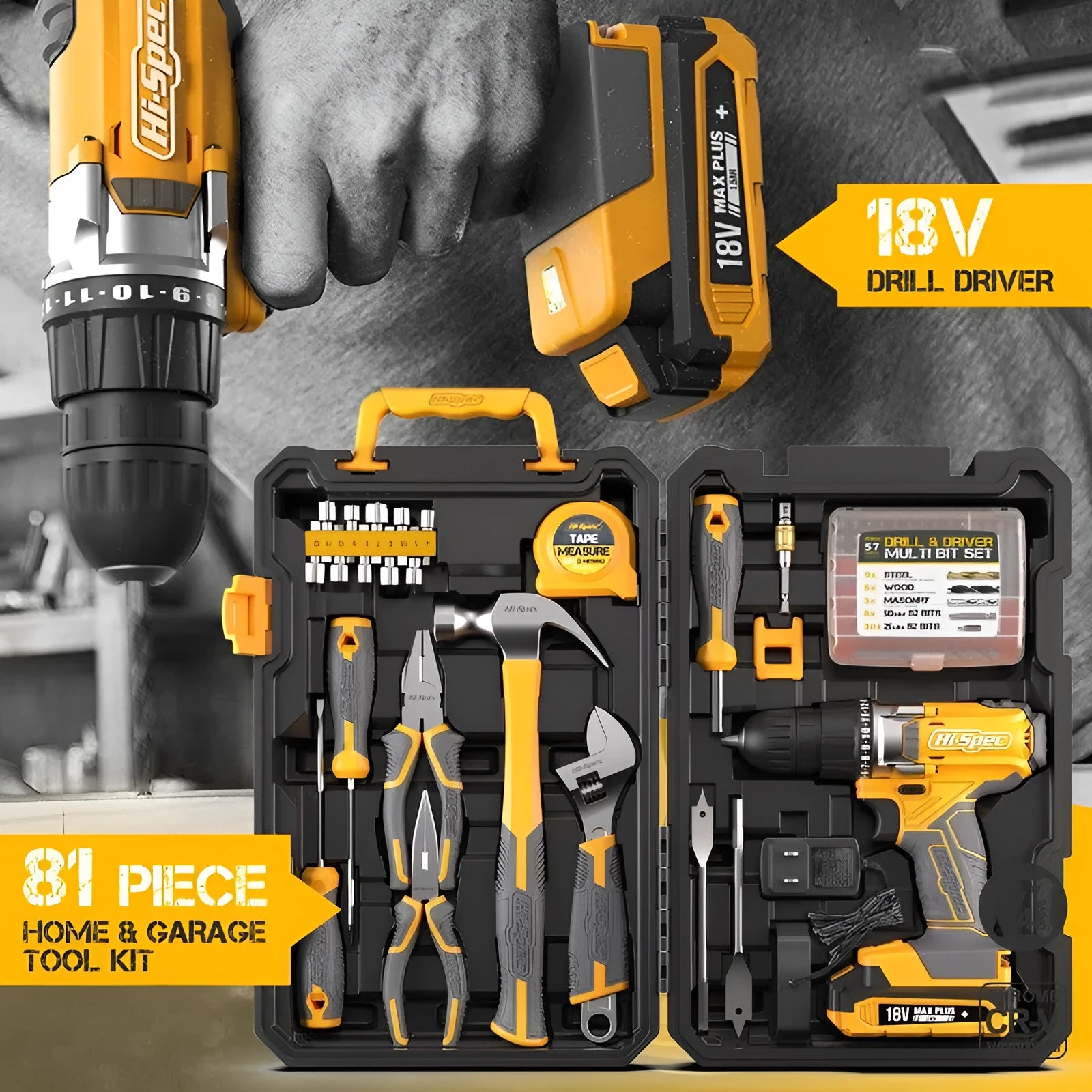 82-piece grey yellow hardware tool combo set for furniture installation with chrome-vanadium steel construction