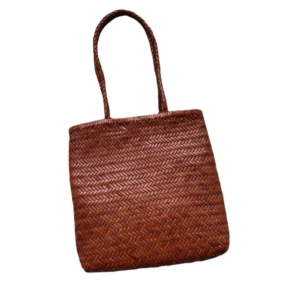 Brown handmade woven tote bag with vintage style and three-dimensional pocket design