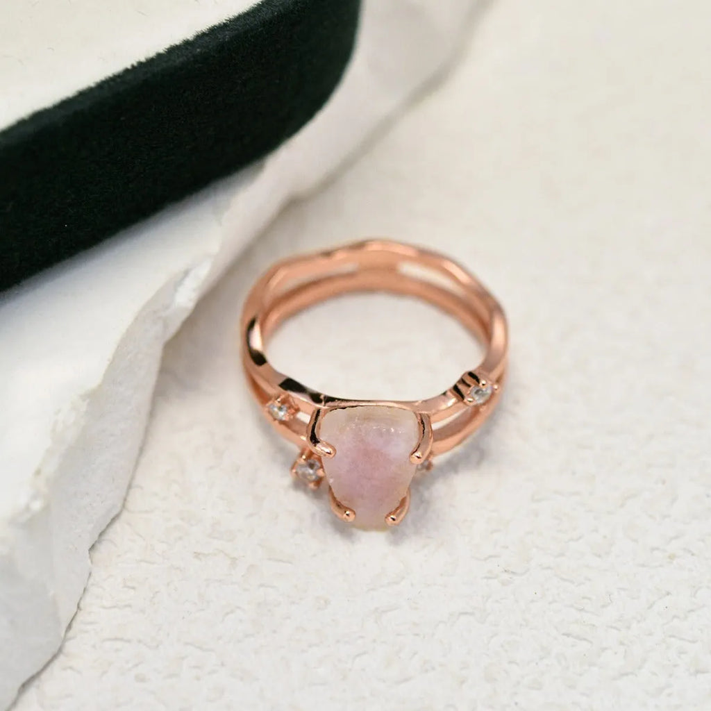S925 silver ring with triangular shape and central moonstone in rose gold, white, or yellow gold finish.