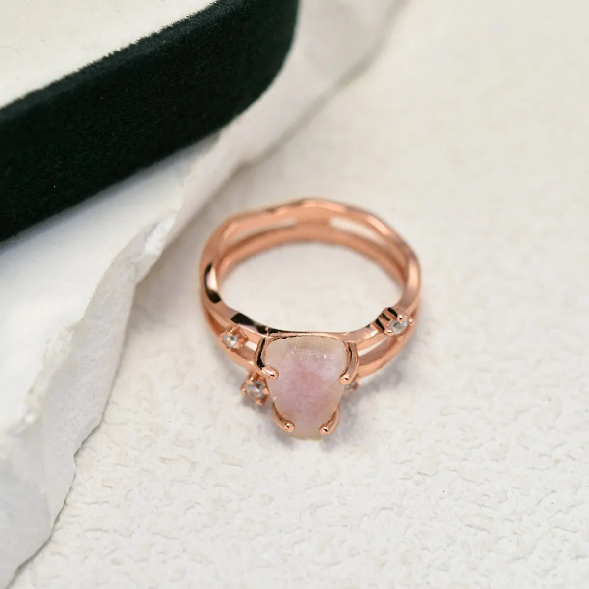 S925 silver ring with triangular shape and central moonstone in rose gold, white, or yellow gold finish.