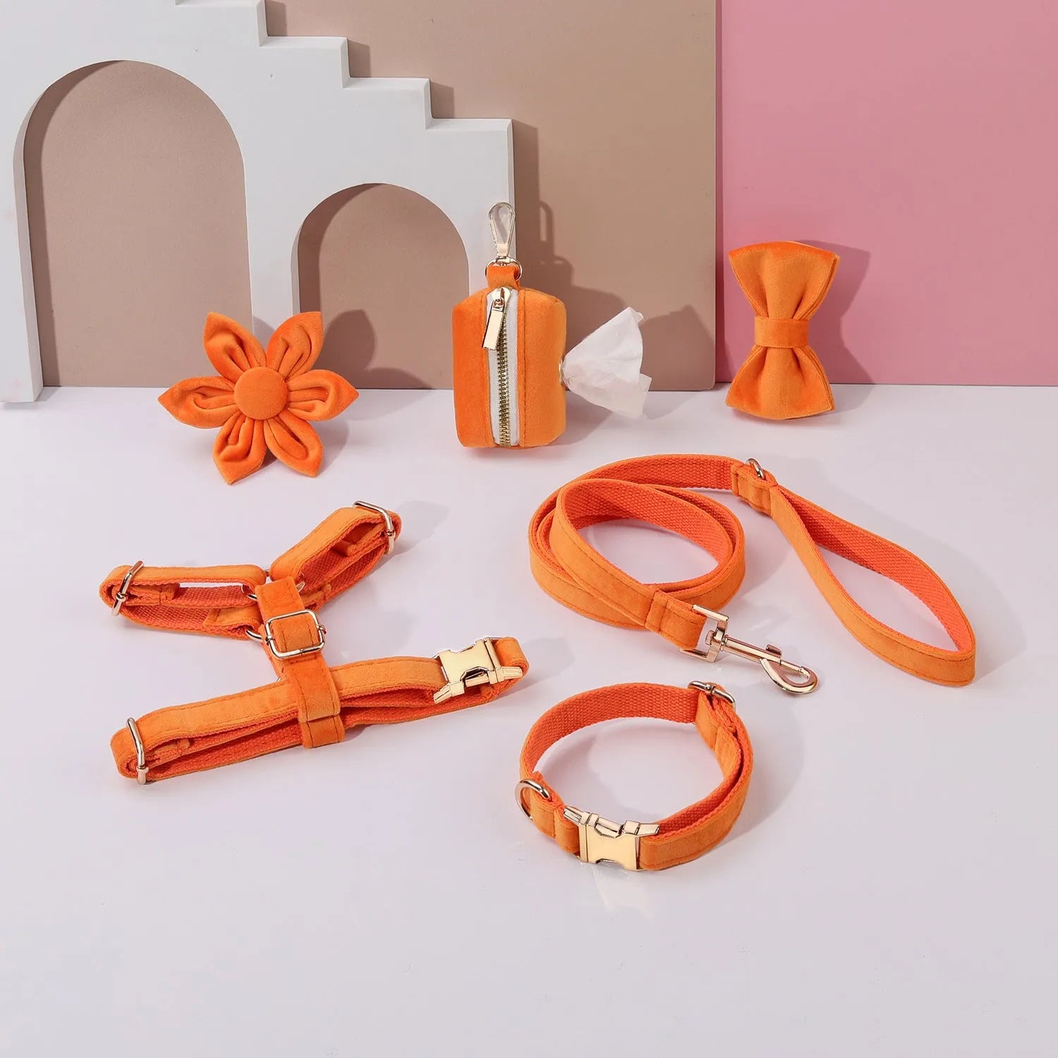 Velvet pet collar and traction rope set with bow tie and flower accessories in multiple colour options