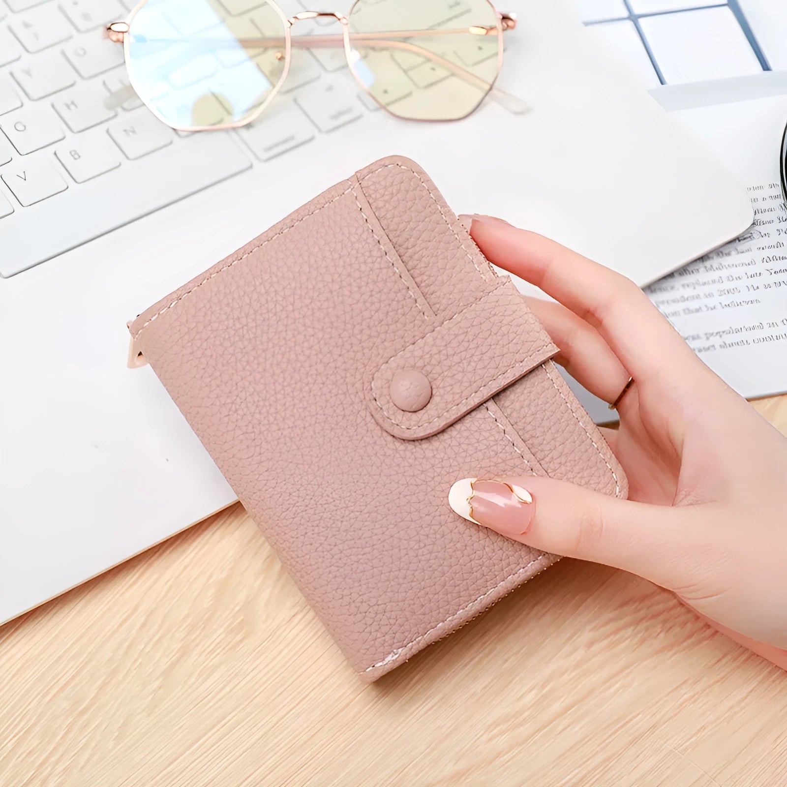 Ladies' short wallet with lychee pattern showing two-fold design in beige, pink, black, and red colour options