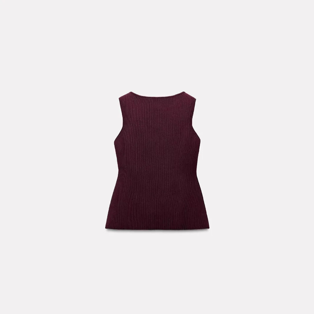 Slim fit sleeveless vest cardigan in viscose fibre with 3D pattern in dark red and white colour options