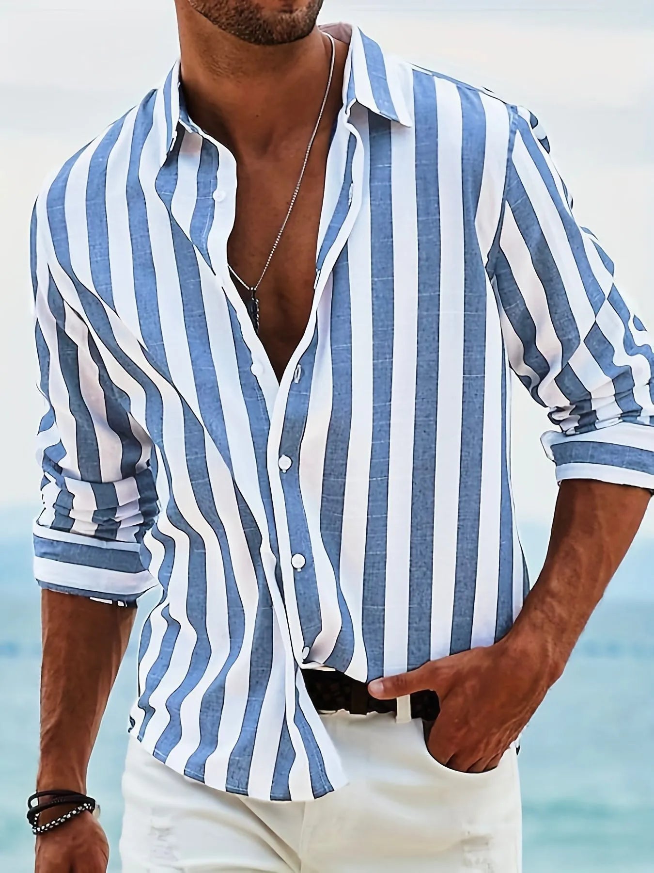 Men's yarn-dyed striped casual long sleeve shirt in British style loose cardigan fit