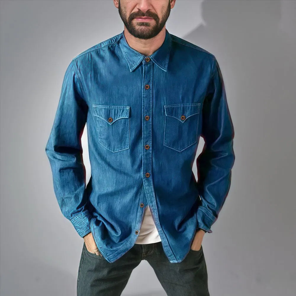 Men's cotton denim cardigan coat in regular fit, shown in khaki colour.