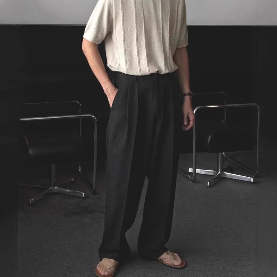 Men's apricot wide-leg cotton linen trousers with mid-waist zip fly and pencil leg opening