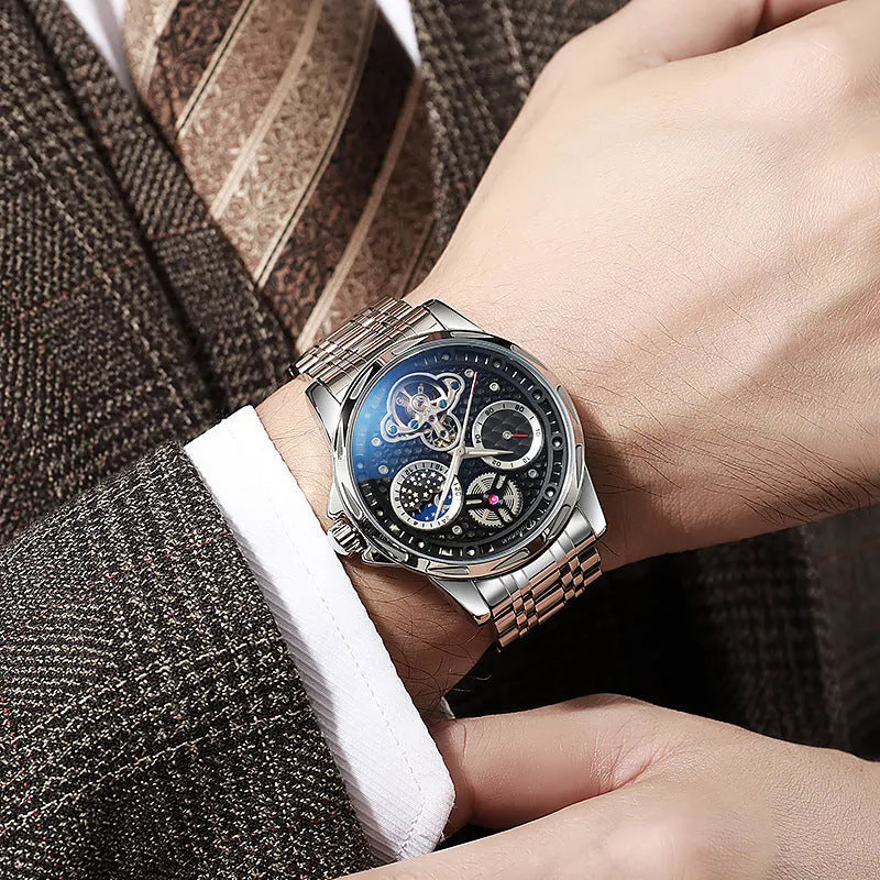 Men's automatic watch with luminous hands on a steel bracelet, black dial, and waterproof case.