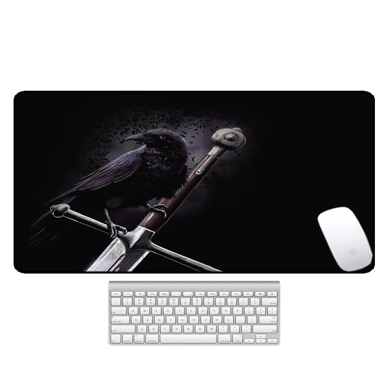 Large rectangular desk pad with printed pattern, natural rubber non-slip base, for computer mouse and keyboard.
