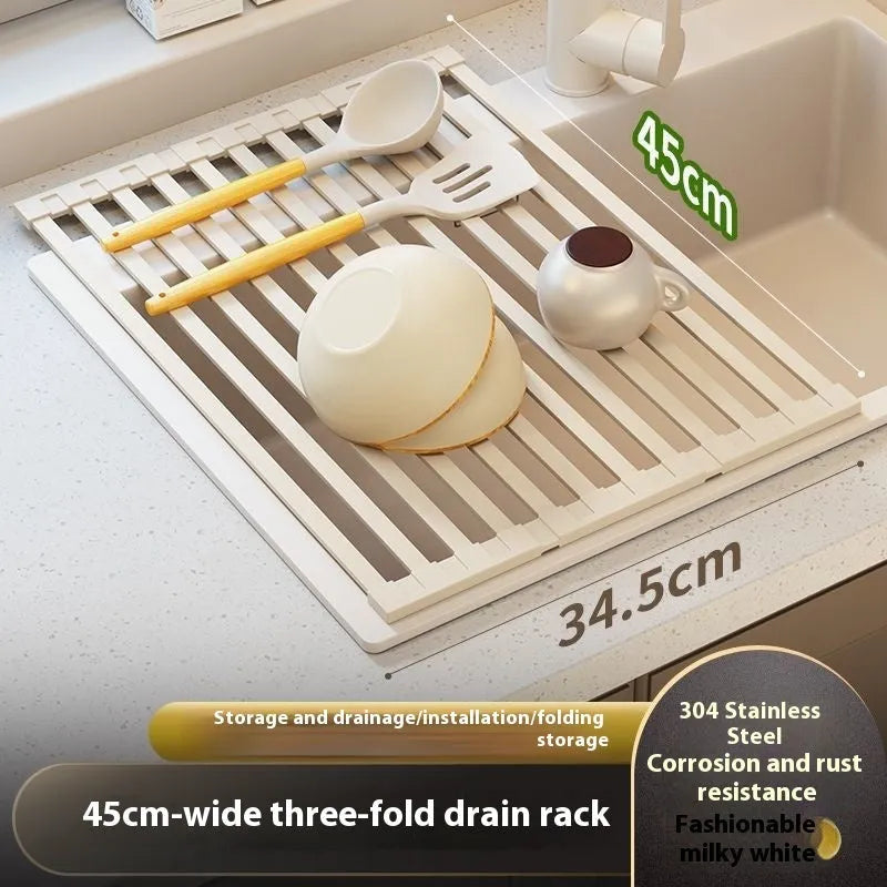 Foldable stainless steel kitchen draining rack in milky white finish showing tri-fold mechanism