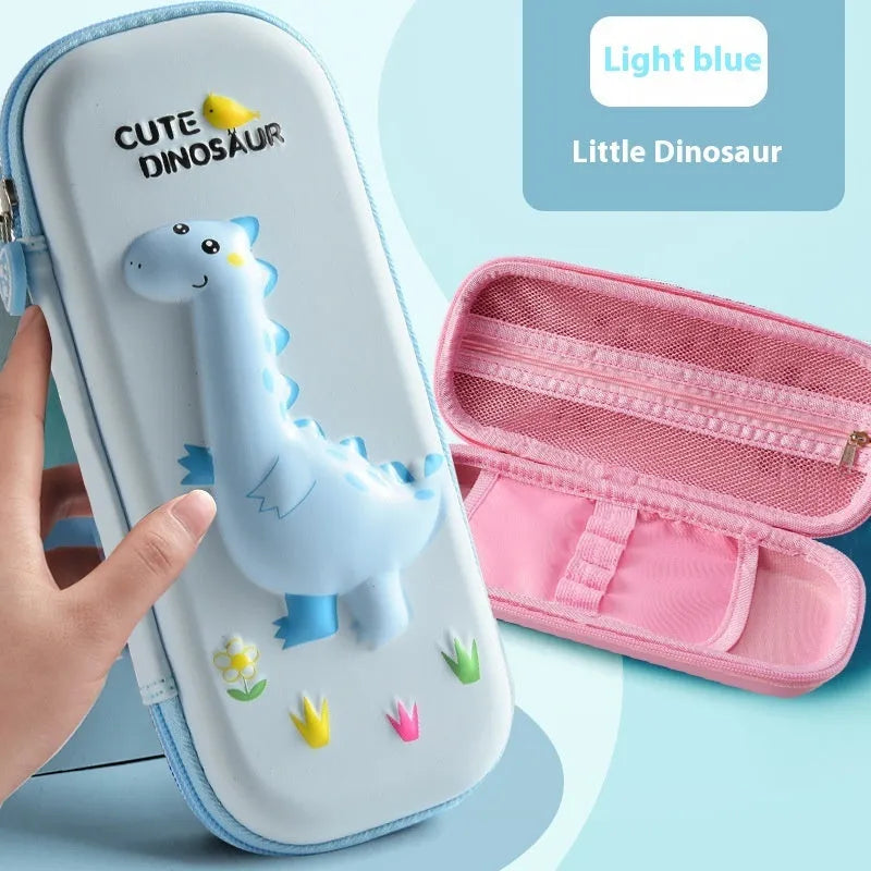 3D leather pencil case in a box shape showing one of the available design options such as a spaceship or unicorn