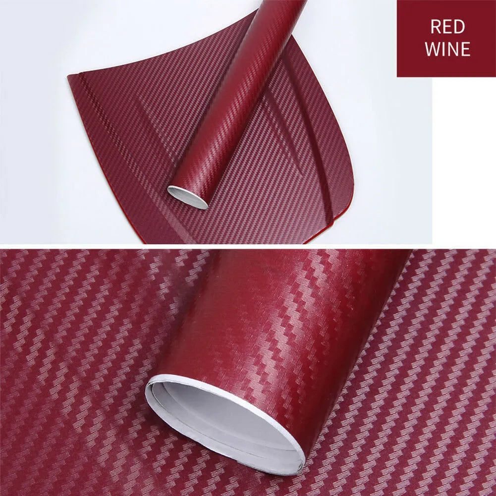 Roll of 3D carbon fibre patterned car sticker in one of eight colours, showing textured black and silver weave design