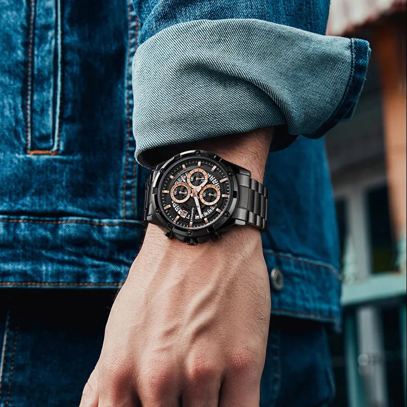 Men's waterproof luminous quartz watch with stainless steel belt in black and blue colour option