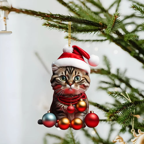 Christmas-themed cartoon cat car hanging ornament made of clear acrylic, shown in one of ten colour variants.