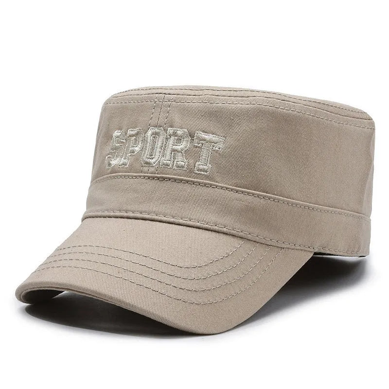 Men's adjustable cotton flat-top peaked cap in multiple colours showing dome crown and peak design