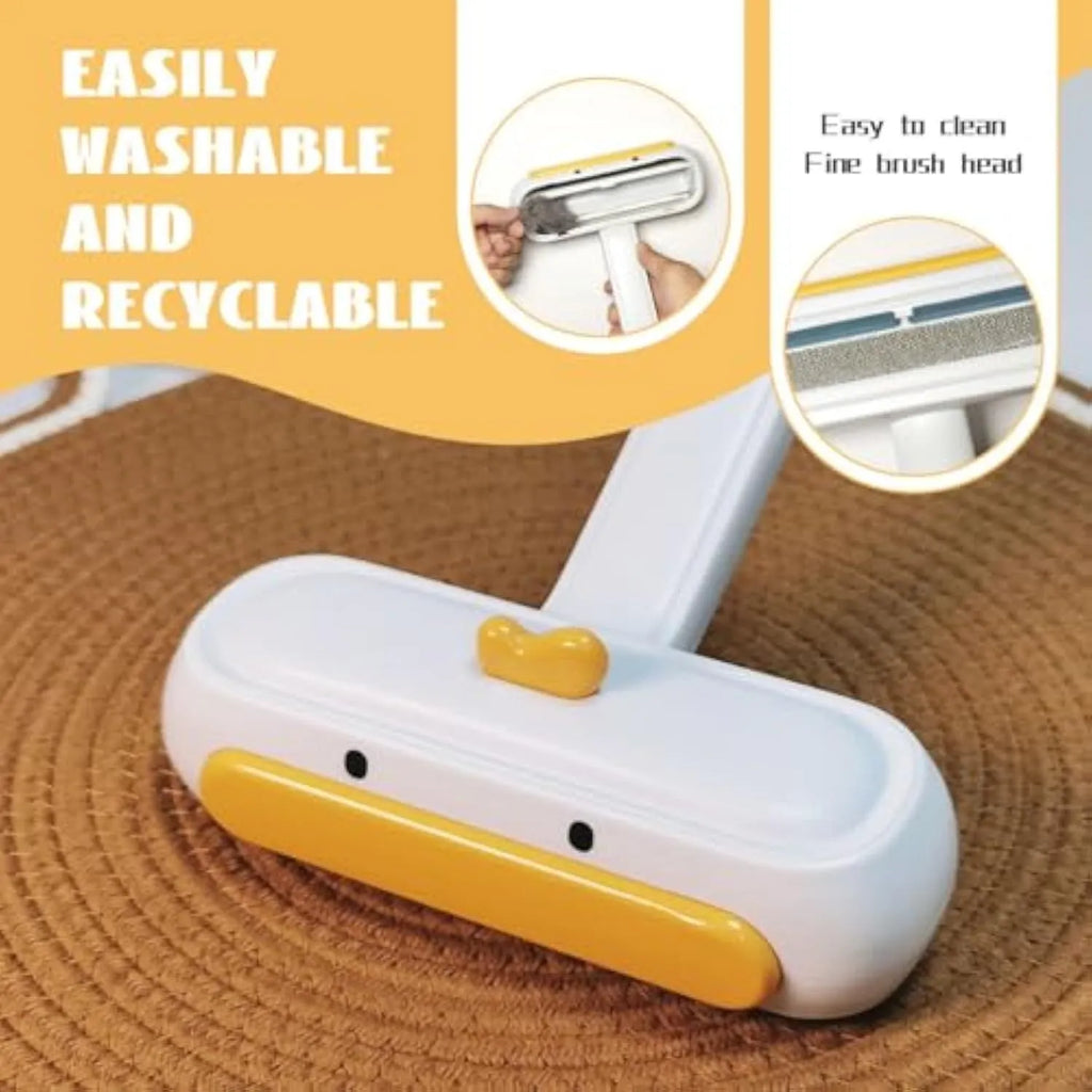 White portable pet hair remover tool with duck design featuring polyester bristles for furniture and car seat cleaning