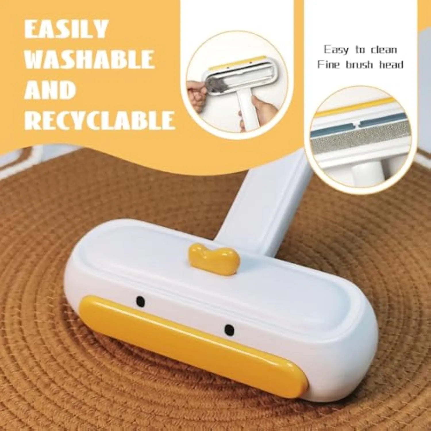 White portable pet hair remover tool with duck design featuring polyester bristles for furniture and car seat cleaning