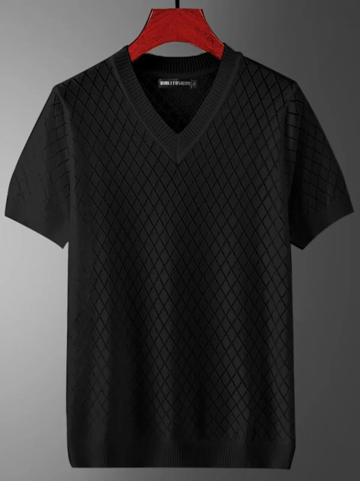 Men's ice silk V-neck t-shirt with cut-out detail in black colour, plus size Korean style summer casual top