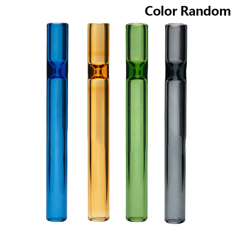 Straight transparent glass telescopic smoke pipe nozzle on a plain background.
