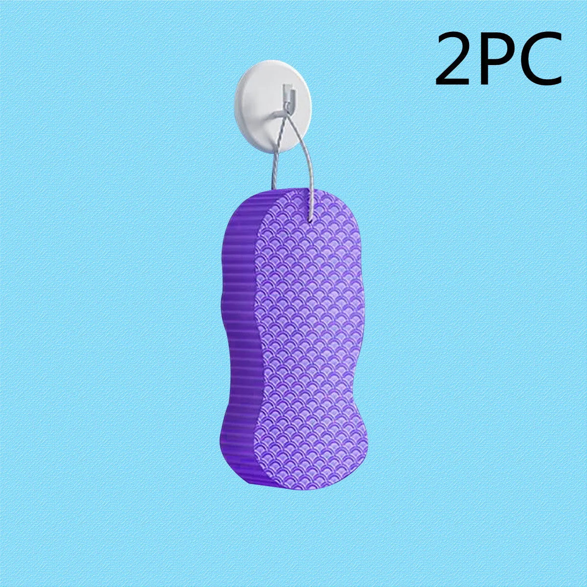 3D bath sponge ball with fish scale texture in white, grey, pink, and light blue colours