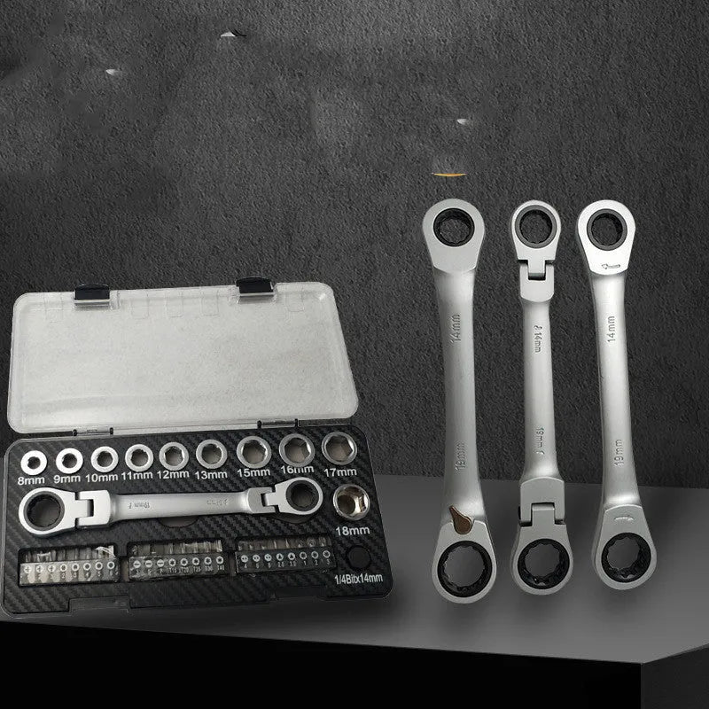 Professional ratchet wrench set with 1/4-inch drive, multiple sockets, and bit heads on a workbench.