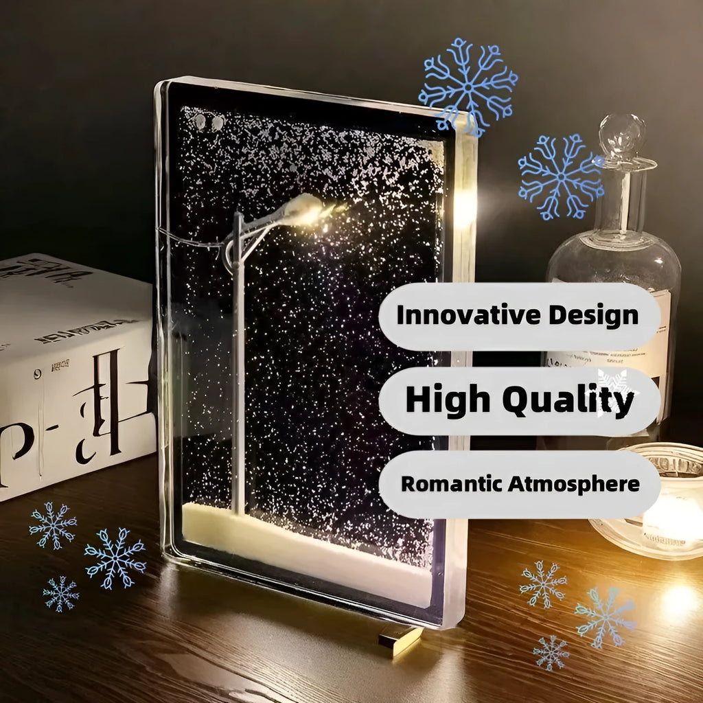 DIY material kit for assembling a snowy landscape night light with small street lamp and LED lights.