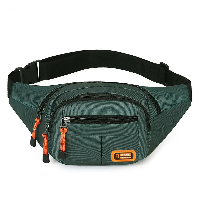 Large waterproof nylon slanted chest bag shown in available colours: black, grey, blue, green.