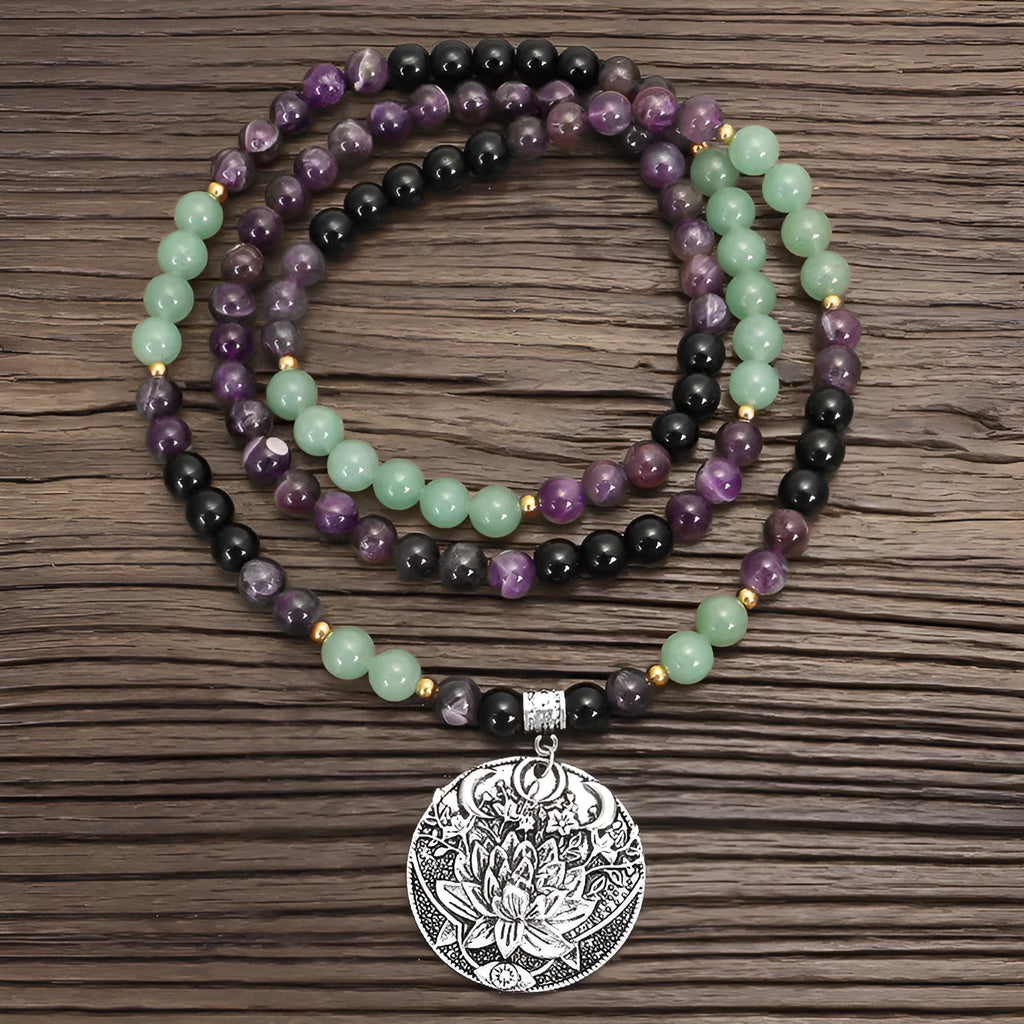 Yoga lotus pendant necklace with matching bracelet, handmade stone beads, geometric design, adjustable length