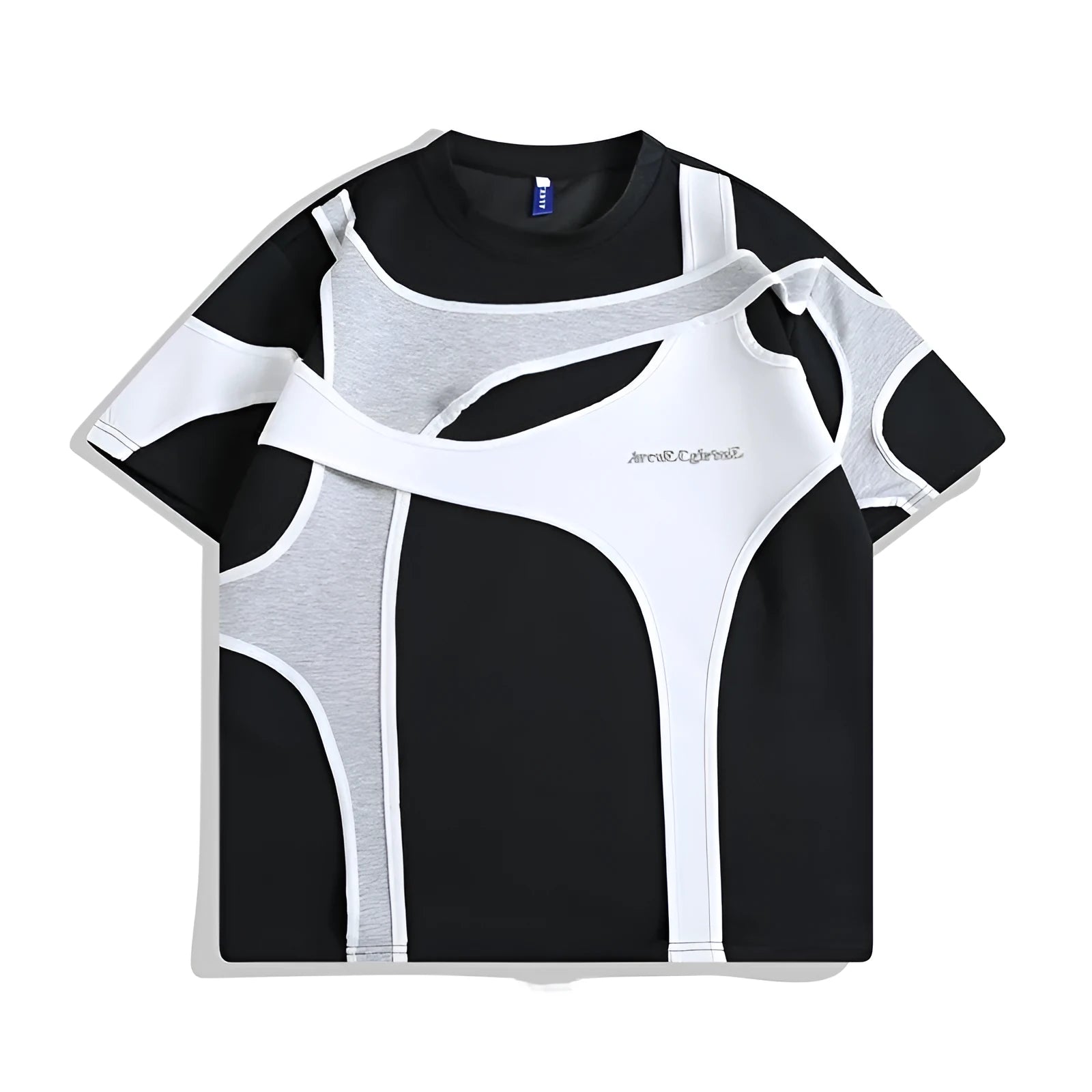 Man's black loose-fit T-shirt with short sleeves, round neck, and padded shoulder straps.