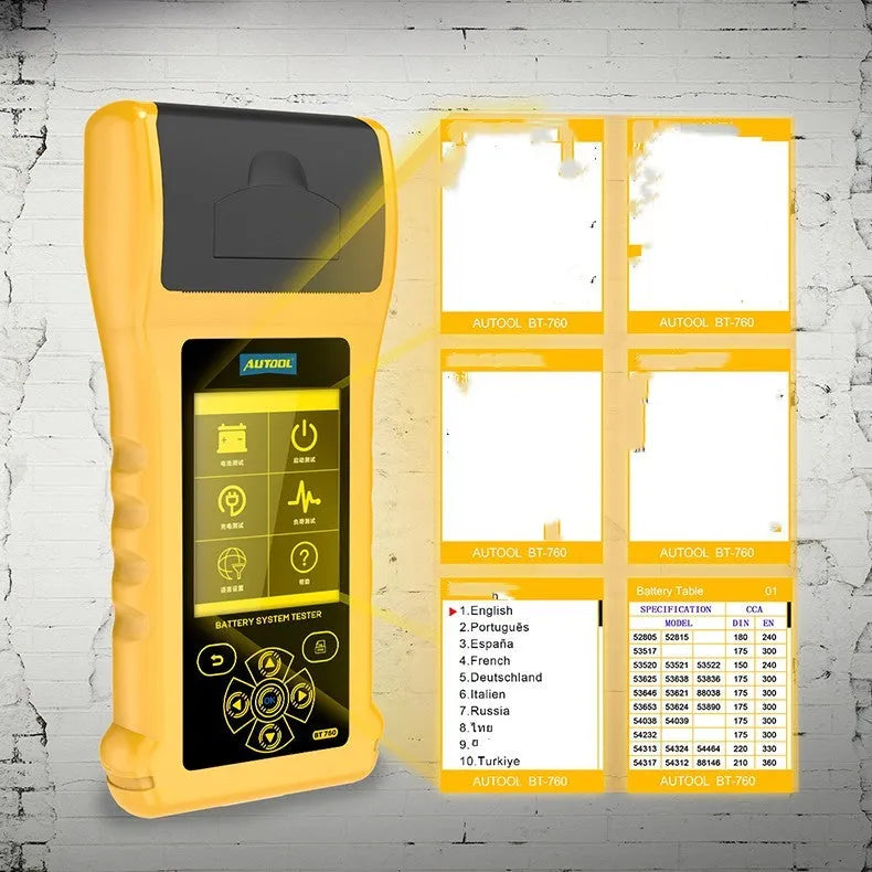 Autool BT760 vehicle battery tester with colour screen and thermal printer on a workbench