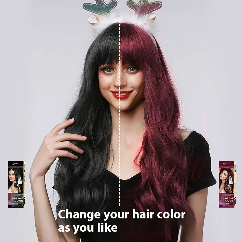 Hair dye bottle with application comb in wine red, dark brown and brown colour options