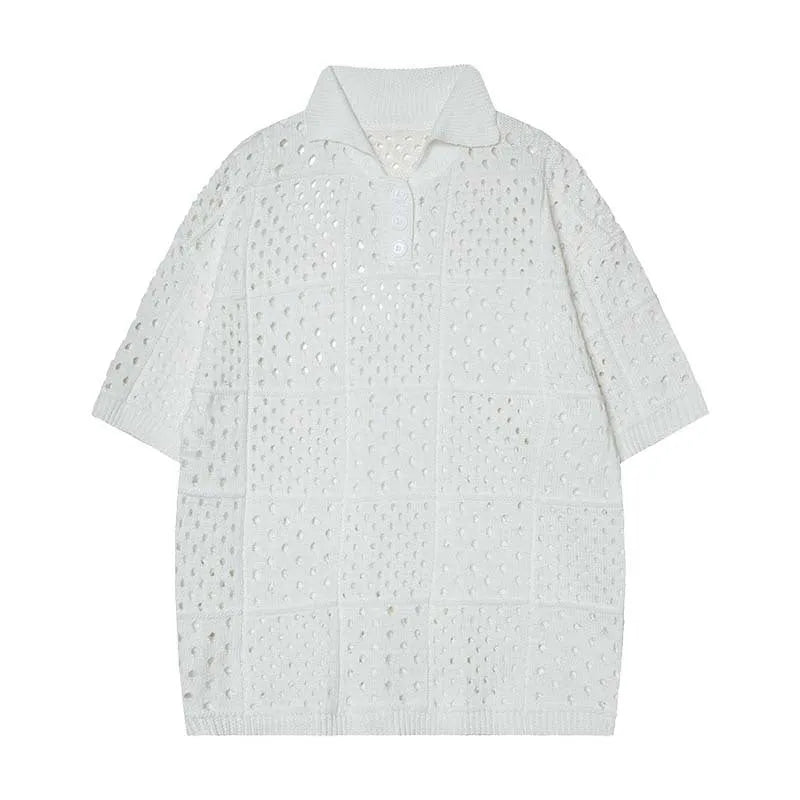 Short-sleeved polo shirt in loose cardigan style for teenagers, available in black or white colours