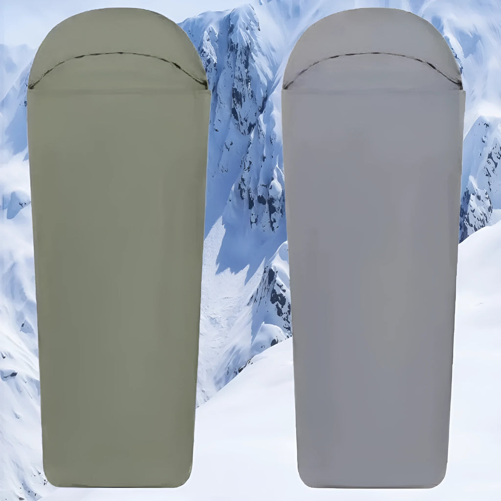 Blue and green mummy-style nylon camping sleeping bag for adults, shown packed and unpacked.