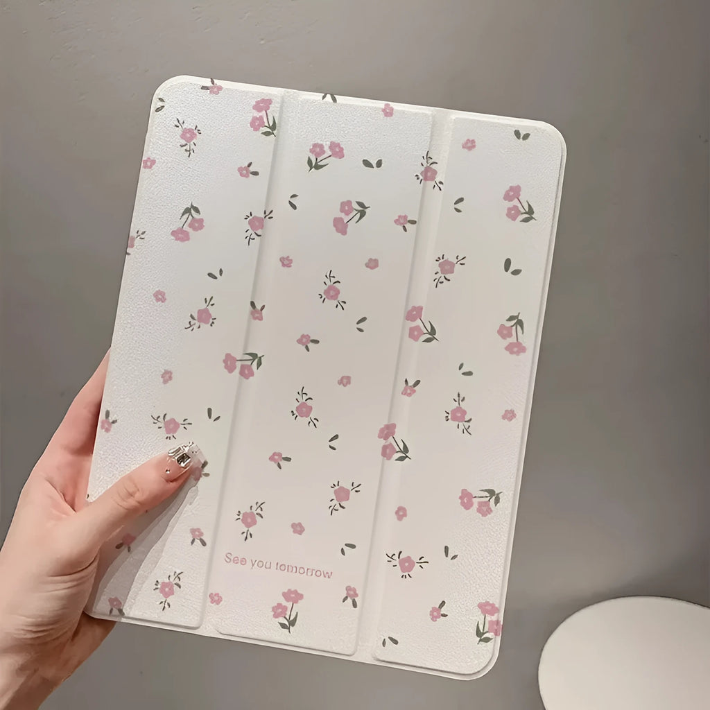 Transparent floral tri-fold tablet case with magnetic stand for iPad showing clear PC back and cartoon pattern
