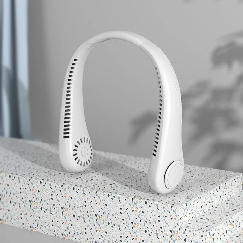 Blue bladeless neck fan with USB charging port and adjustable speed controls