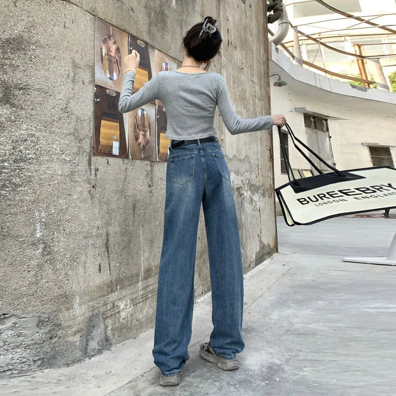 Women's retro blue straight-leg jeans with high waist in cotton denim fabric