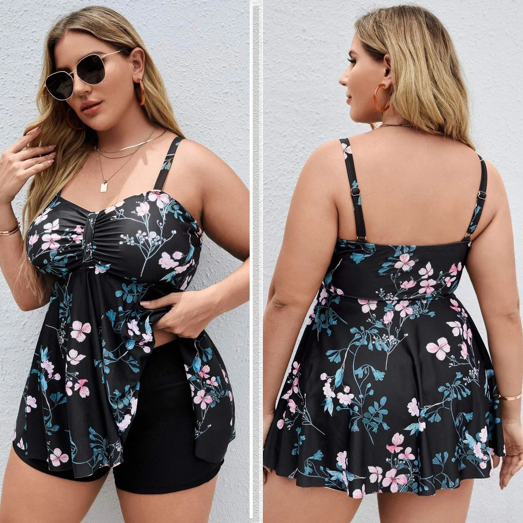 Women's floral print one-piece swimsuit with split colour design in sizes 0XL to 4XL